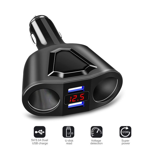 

2019 dual usb 3.1a car cigarette lighter socket splitter hub power adapter 12v-24v voltage display for ipad smartphone dvr gps