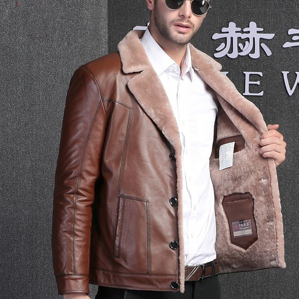 

genuine leather jacket men real fur coat men sheep shearing natural wool jacket real leather jaqueta de couro 1606 yy1148, Black
