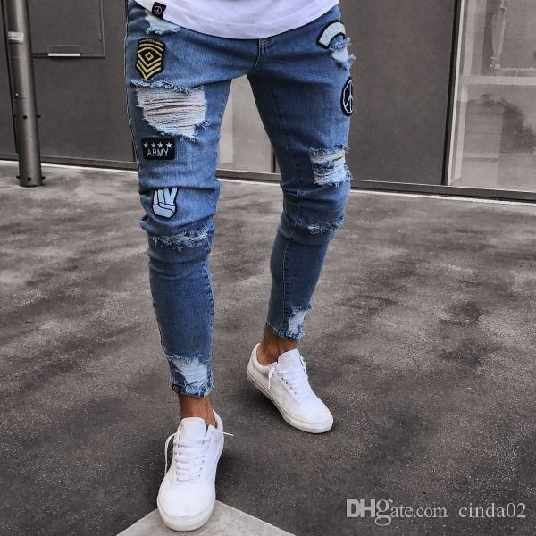 Moda masculino jeans skinny rasgado esbelto jeans esticado de jeans desgastados jeans bordados padrões bordados a lápis calças de lápis