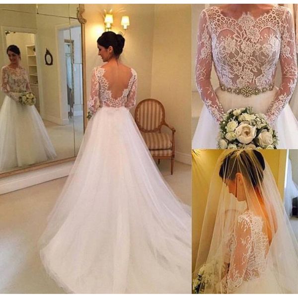 

Elegant Illusion Long Sleeve Lace Wedding Dresses 2019 With Beadings Sash Ruffle Bridal Gowns V-Back Wedding Bridal Dresses