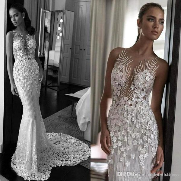 

eleagnt lace appliqued wedding dress luxury 3d flowers sheer back beach boho bridal gown custom made bc2112, White
