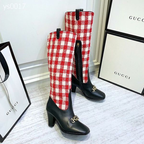 

2019 autumn and winter europe and america leisure knee-high boots fashion boots high-heeled square head color matching leather knight boots, Black