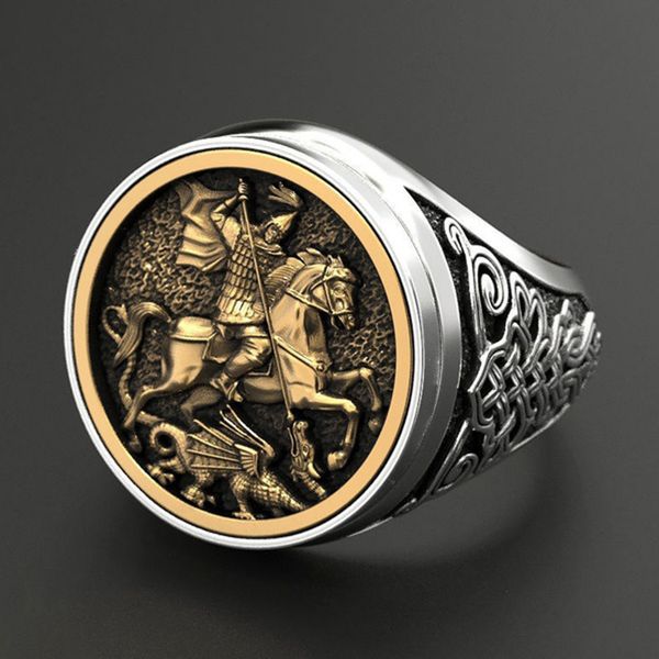 

punk cool men's finger ring dual color gold metal rome soldier horse dragon rings fashion jewelry bague homme z4m500, Golden;silver