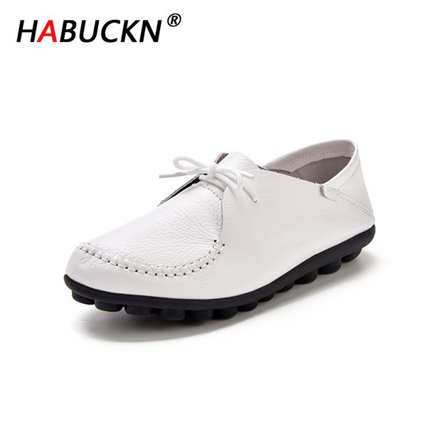 

habuckn women flats soft genuine leather shoes women moccasins shallow casual shoes mother loafers flat female, Black