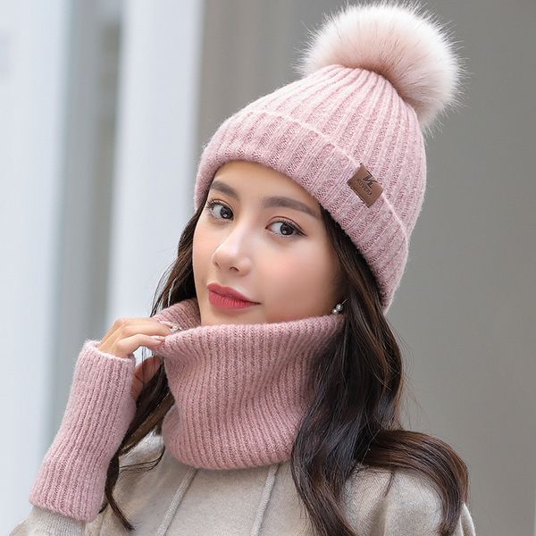 

autumn winter knitted hat for women wool warm thick cap windproof ladies balaclava girls fur pom pom hat scarf gloves set, Blue;gray