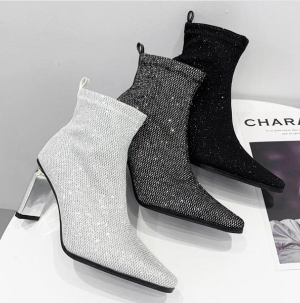 

2019 fashion new women's shoes korean version of the wild thin boots short square head high heel shiny women's boots, Black