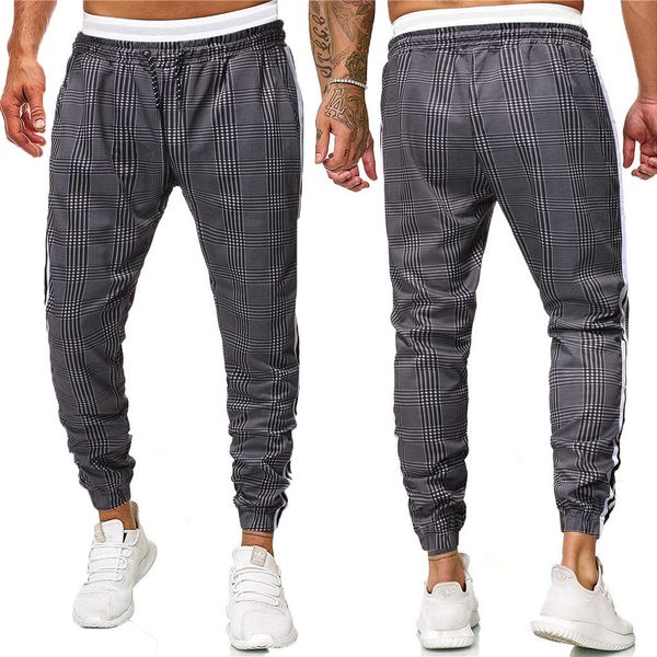 

men's sport slim fit pants plaid casual long trousers running joggers sweatpants long pant streetwear pantalones de hombre#d5, Black