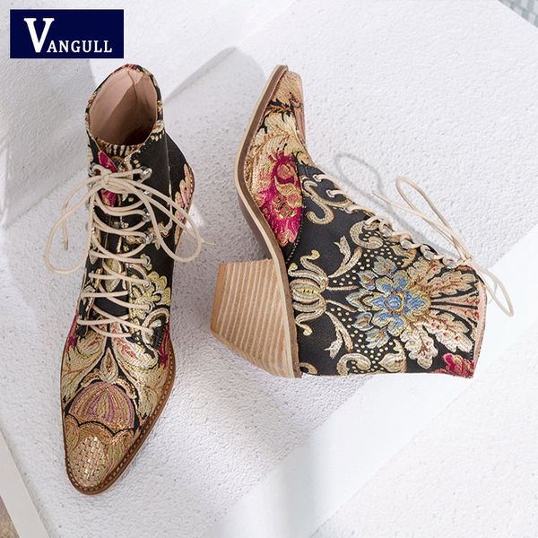 

2018 new women luxury silk boots ankle boots new autumn winter embroider womens motorcycle lace up shoes woman, Black