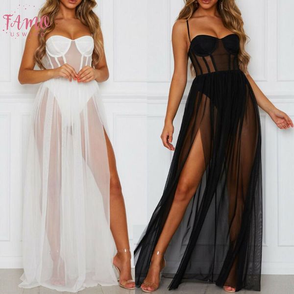 

summer 2pcs twill dress womens perspective mesh gauze sleeveless backless party dress black white long maxi dresses sundress, Black;gray