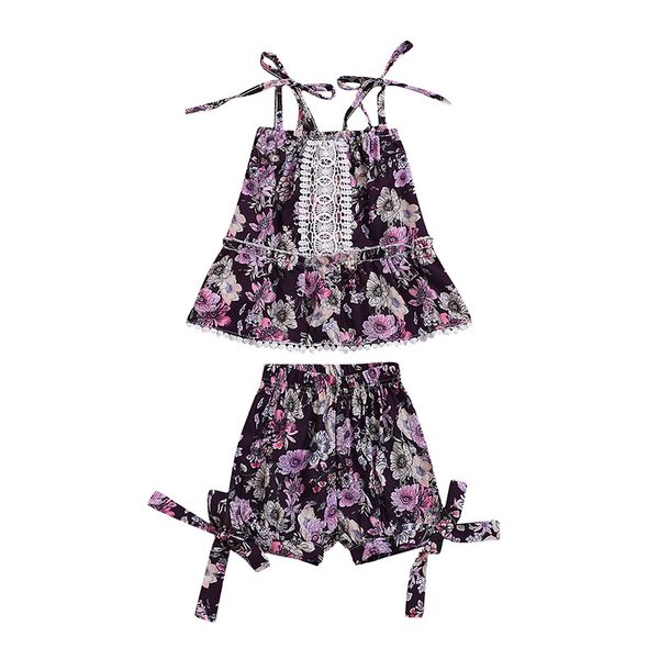 

toddler baby girls floral print outfits sleeveless strap tank + cotton shorts summer clothes set, White
