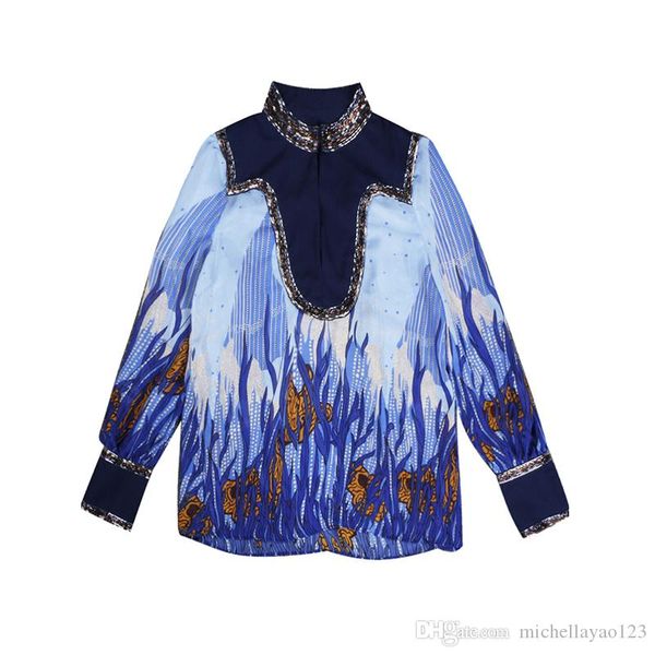 

2017 синий стенд воротник с длинными рукавами женская блузы мода бисероплетение блестки печать рубашки женщины рубашки марка n013, White