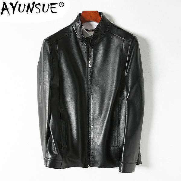 

ayunsue genuine leather jacket men sheepskin coat motorcycle jacket man short leather coats men blouson cuir homme kj1445, Black