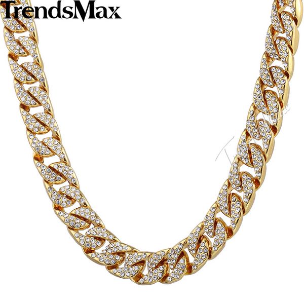 

trendsmax 14mm bling hiphop iced out curb cuban gold-color necklace w paved clear rhinestones mens womens chain jewelry gn432, Silver