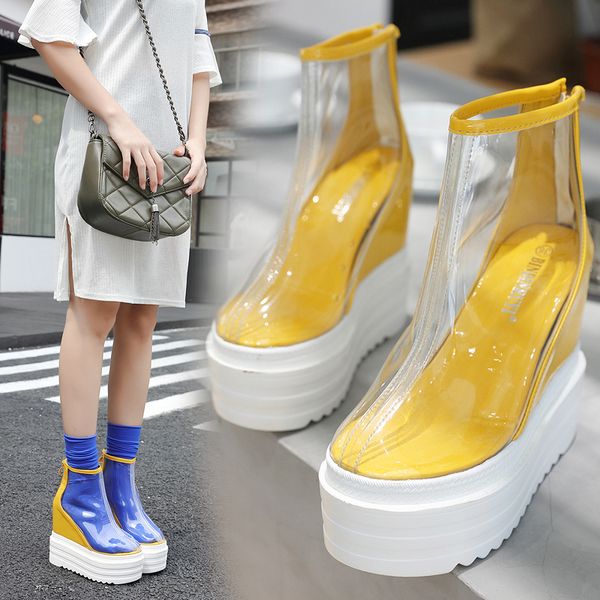 

women's transparent boots 2018 new european and american wedges short boots high heel rain, Black