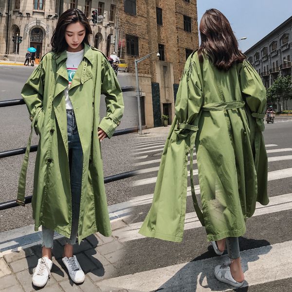 

green trench coat women double breasted maxi coat women casual spring autumn loose duster lady's cape elegant overcoat, Tan;black