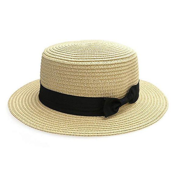 

2019 parent-child summer hat beach straw hat panama ladies cap girls handmade casual flat brim bowknot sun hats for women black, Blue;gray