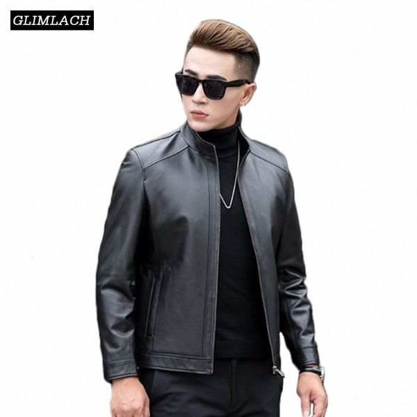 

new luxury sheepskin genuine leather jacket men 2019 business casual slim real leather coats stand fashion long sleeve outerwear, Black