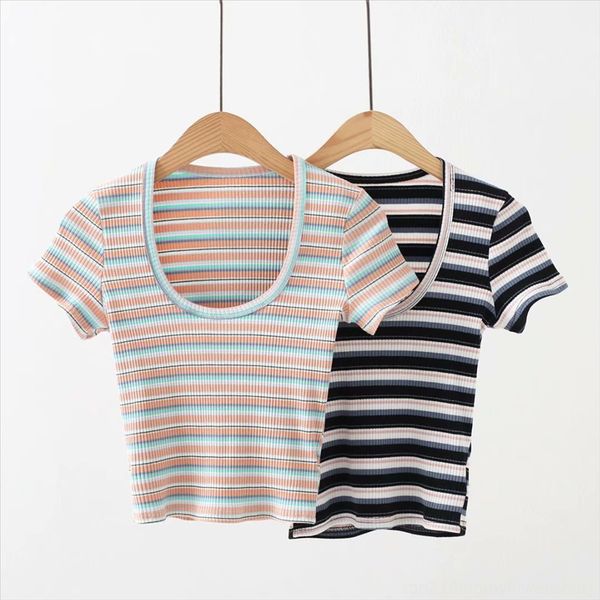 

t-shirt 2020 women's slim and versatile base striped big round collar short sleeve t-shirt 2020 women's slim and versatile base st, White