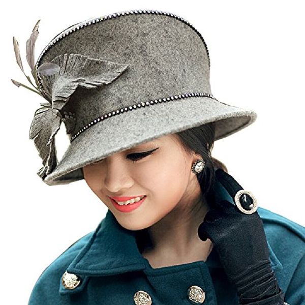 

ladies' hats women hats fedora wool feather rhinestones decorations, Black;gray