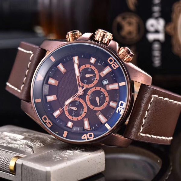 

chronograph brand mens watches all small dials work water resistand day-date fashion leather straps quartz fashion watch for men father&#039, Slivery;brown