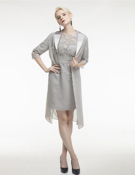 

knee length short mother of the bridal dresses long sleeve jacket silver lace mother gowns plus size formal evening dress, Black;red