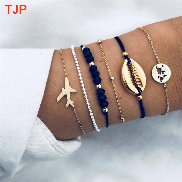 

new fashion aircraft charms bracelets for women retro bohemia beads shell map pendant ankle bracelets love bangles female, Golden;silver