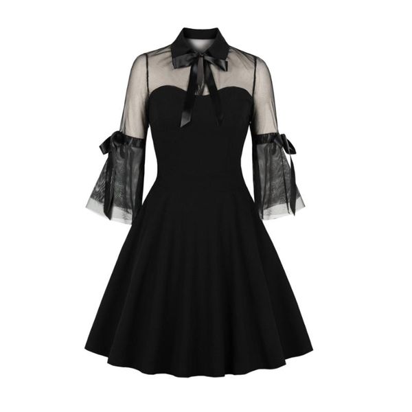 

casual dresses elegant black mesh perspective dress summer plus size aline flare sleeve gauze office lady goth, Black;gray