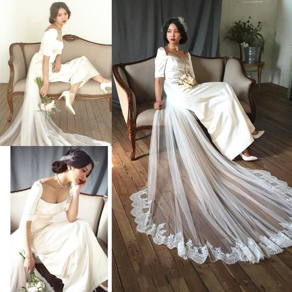 

vintage wedding dress with detachable train lace new square neck half sleeve retro satin sheath bridal gowns custom size vestidos de novia, White