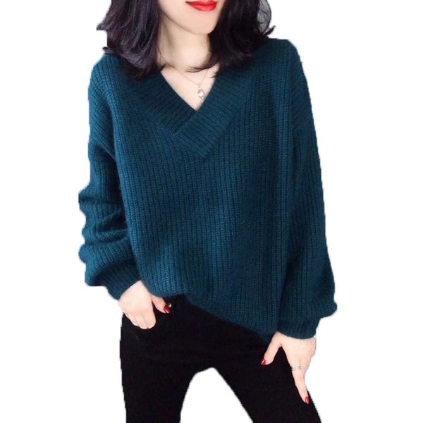 

women's sweaters knitted v-neck sweater, autumn and winter fashion simple loose jacket long-sleeved plus size rally knitwearh0032, White;black