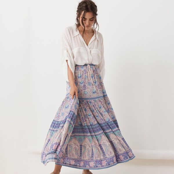 

Summer bohemian beach kirt purple floral print ela tic wai t tied 2019 pring long pleated boho kirt women new falda