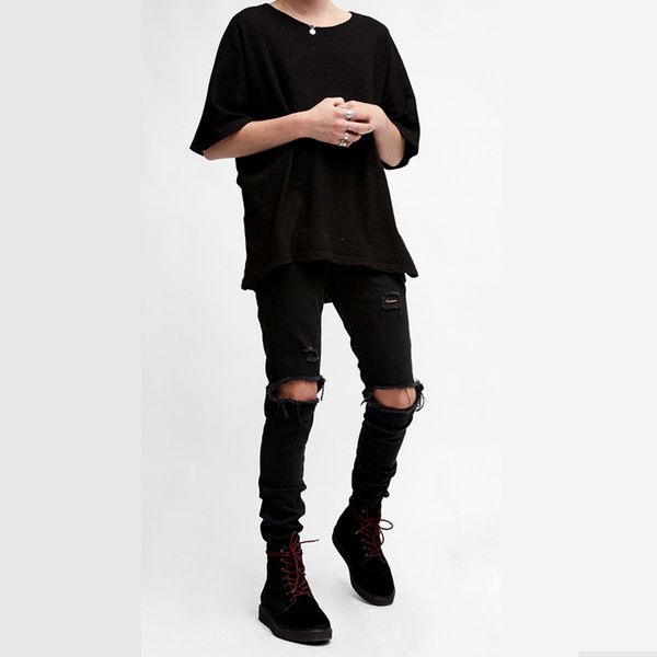 

мужские дизайнерские джинсы разорвал проблемных отверстие джинсы высокая улица вырезать ножом отверстие тонкий джинсы джинсовые брюки сращив, Blue