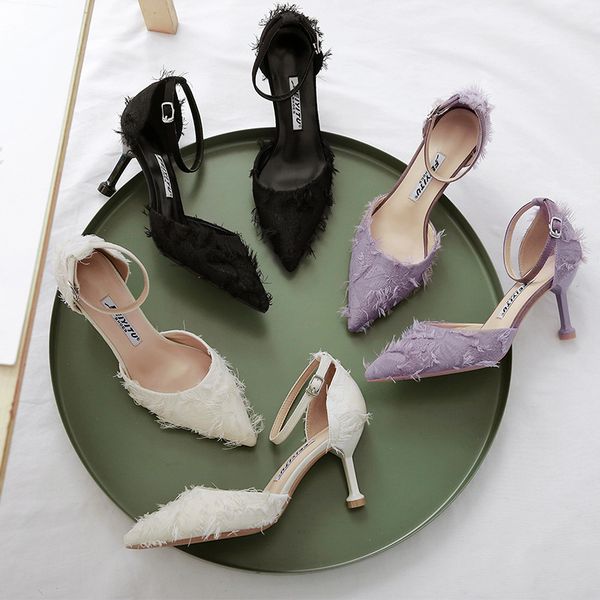 

feiyi picture 2019 spring and south korea edition cloth new sandals girl highheeled shoes tip shallowmouthed tasseled hollow fineheeled shoe, Black