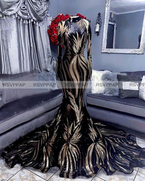 

sparkly длинные сексуальные платья выпускного вечера 2020 high neck русалка с длинным рукавом черный и золото блестки африканские черные дев, White;black