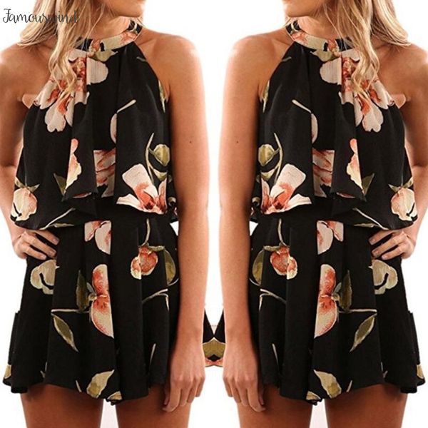 

off jumpsuit sleeveless floral print summer playsuit women halter shoulder ruffles wide leg short beachwear overalls, Black;white