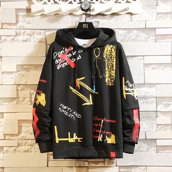 

men's hoodies casual mens fashion hip hop print hooded sweater casual male loose streetwear sweatshirt 4 colors oversized m-5xl, Black