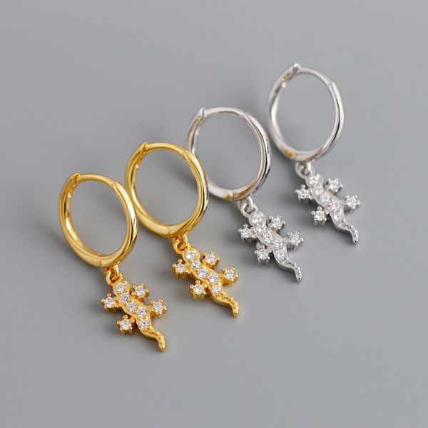 

wtltc cute 925 sterling sliver animal gecko hoop earrings femme cubic zirconia earrings drop small piercing ear jewelry, Golden;silver