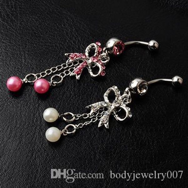 

d0050 ( 2 colors ) nice style bowknot navel belly ring 20 pcs clear color stone drop shipping factory price, Silver