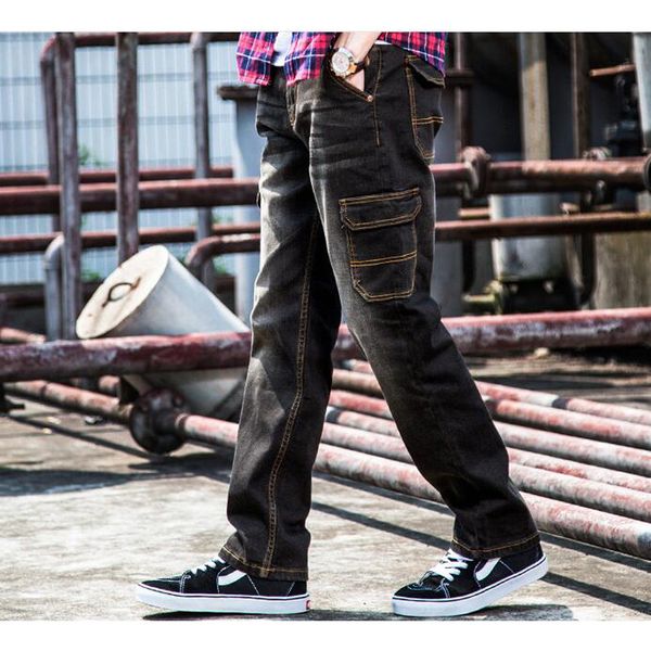 

2019 new straight jeans men's long jeans outdoor casual overalls men cargo pants black blue plus size 28-46 48