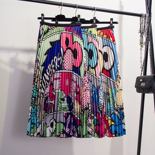 

women skirts pleated skirt spring 2019 new coming european cartoon pattern high elasticity high street style a line mid calf skirts, Black