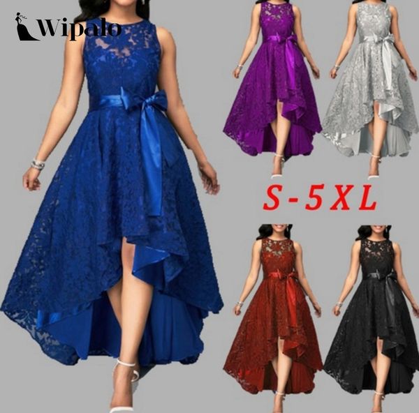 

wipalo женщины плюс размер vintage рукавов высокая низкая подол belted партии шнурка платья высокой талией твердая maxi платье s-5xl дамы ve, Black;pink