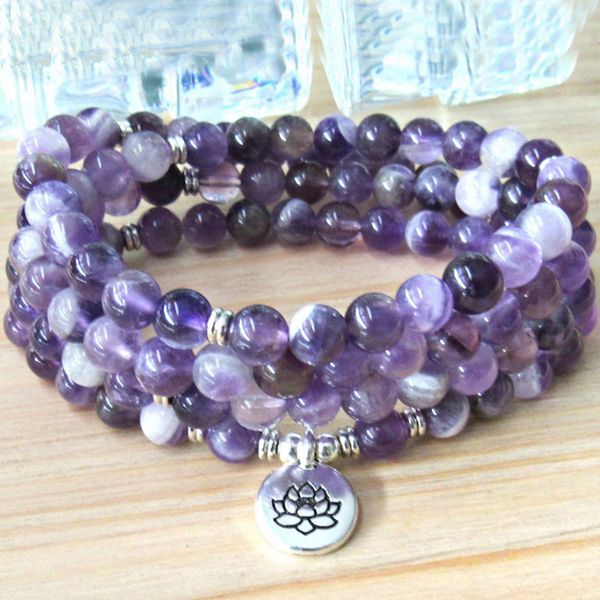 

reiki charged prayer beads wrist mala lotus om ohm purple bracelets 108 chevron amethysts mala bracelet or necklace, Golden;silver