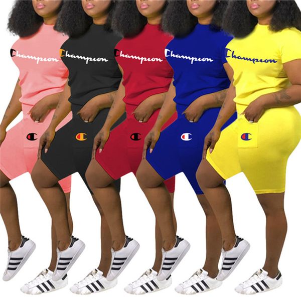 

champions women sportswear designer tracksuit casual 2 piece set short sleeve t-shirt skinny shorts summer clothing slim jogging suit 2690, White