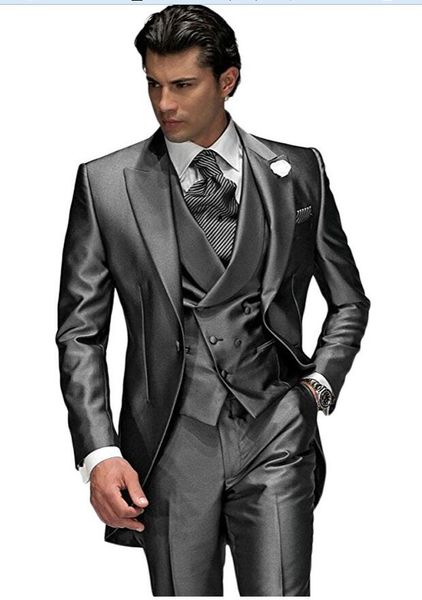 

grey tuxedos 3 pieces men suits peaked collar slim fit evening party prom suit wedding groom tuxedos men custom made (jakcet+vest+pants+tie, Black;gray
