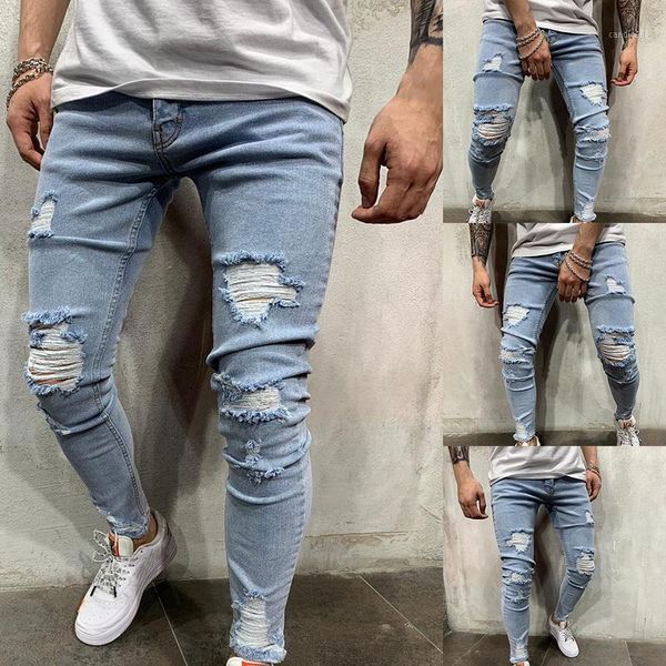

men's jeans men stretchy ripped skinny biker embroidery print slim fit destroyed hole taped denim scratched jean1, Blue