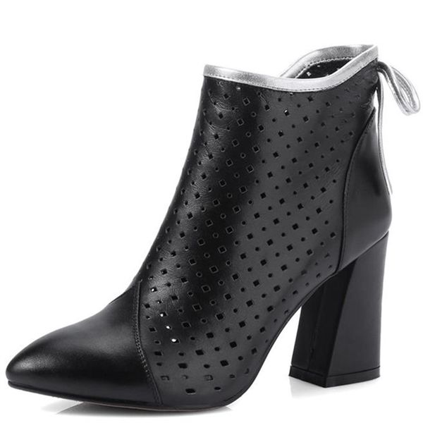 

autumn boots hollow out female fashion office lady ankle boots elegant pointed toe genuine leather boots womens shoes, Black