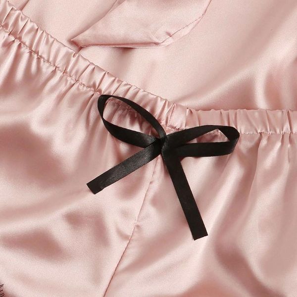 

4pc lace satin pajamas set bra camisole shorts pajamas sleepwear nightgown robe lingerie set nightwear99, Black;red