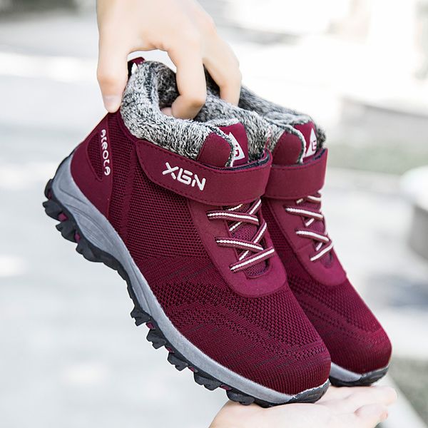 

winter new style plus velvet warm cotton-padded shoes couple's in old man walking shoes outdoor sports footwear, White;pink