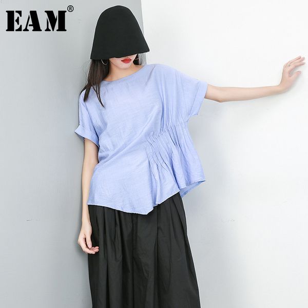 

eam] 2019 new spring summer round neck short sleeve black irregular pleated split joint big size t-shirt women fashion ju655, White