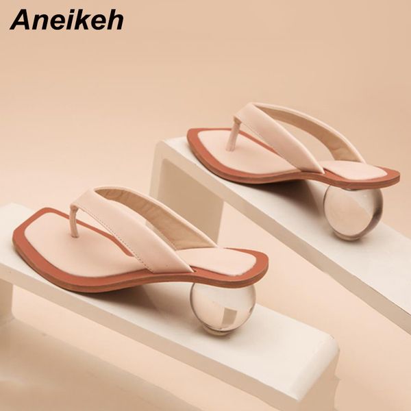 

aneikeh 2020 women sandals clear transparent med heel round heel shoes open toed slipper sandals for party shoes women pumps 43 y200702, Black