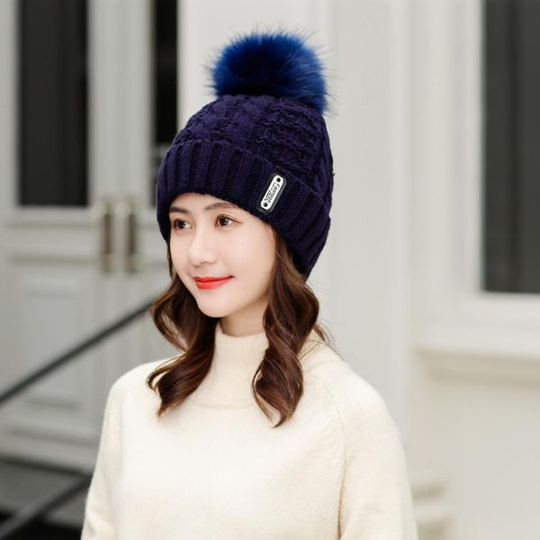 

2pcs/set women winter warm pom hat cap scarf neck thickened plush wool knit, Black